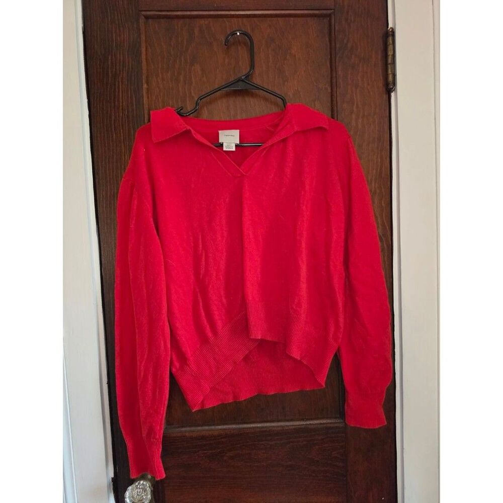 Calvin Klein Bright Red V-Neck Collared Sweater